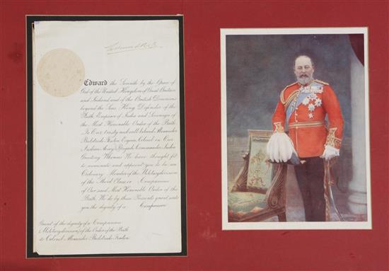 An Edward VII citation for Companion (military division) of the Order of the Bath unframed, 16 x 23in.